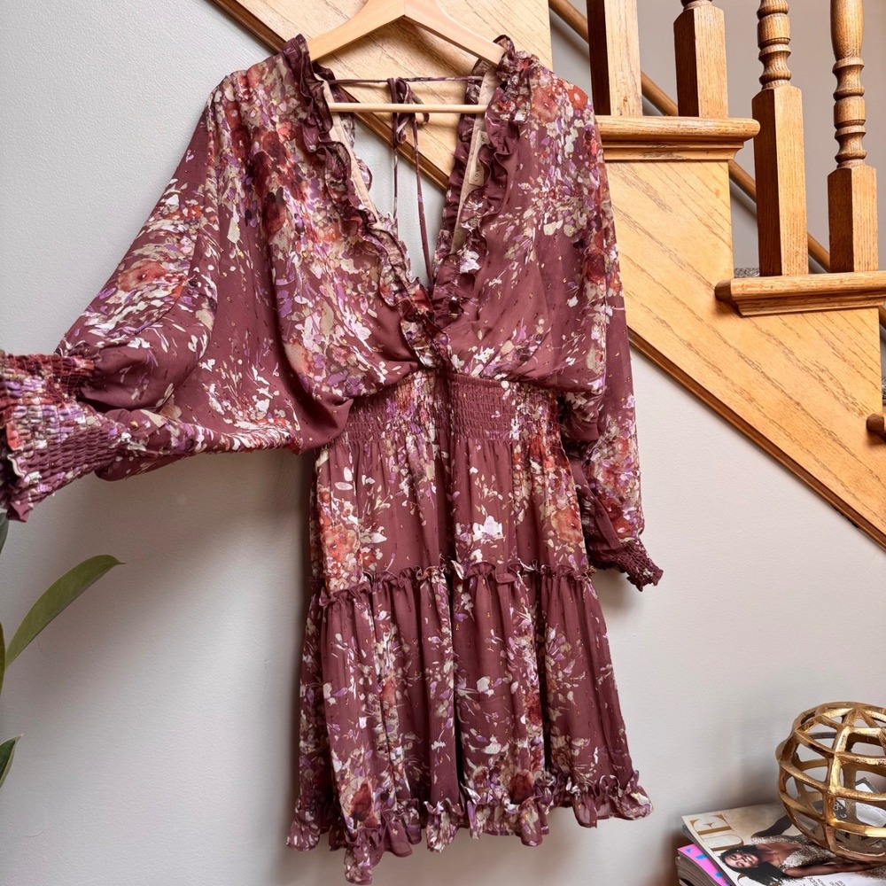 Boho Floral Smocked Waist Ruffle Mini Dress Burgundy Fairy Goblincore Sm Derby - Picture 3 of 11